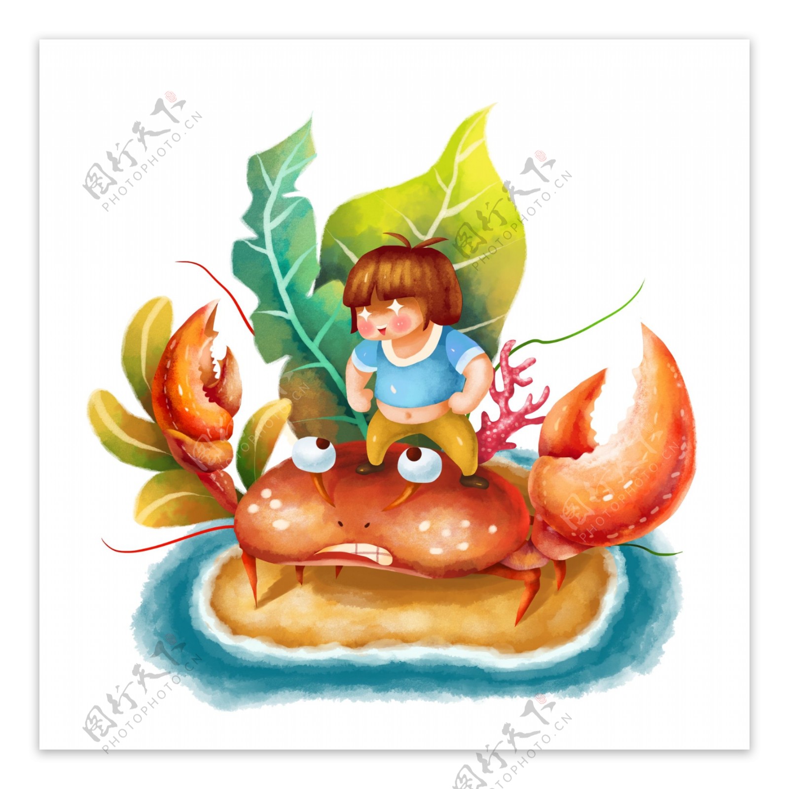 可商用卡通手绘可爱胖胖儿童想吃螃蟹