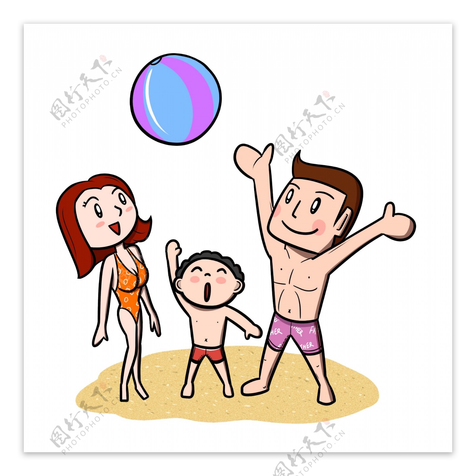 卡通全家人海滩玩沙滩球png透明底