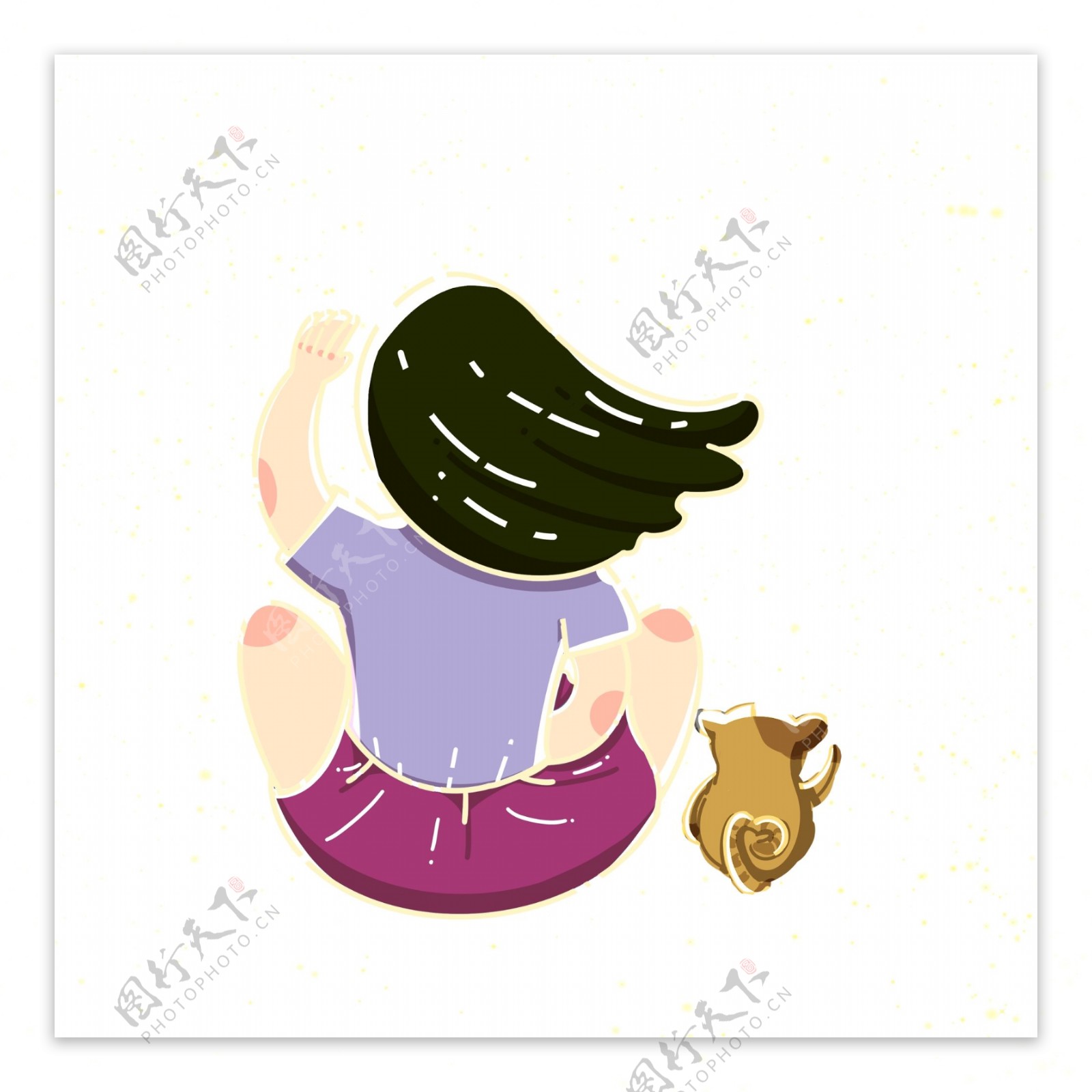卡通可爱坐着的女孩和猫咪背影设计