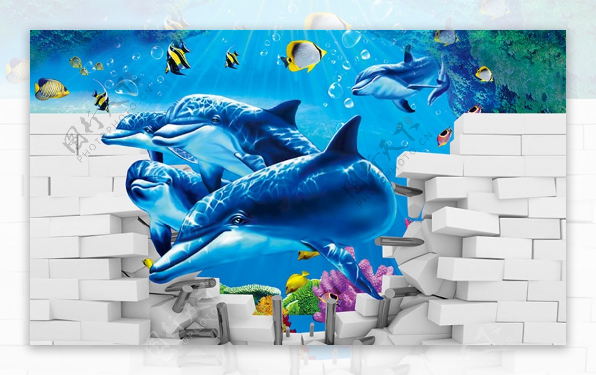 海洋馆海豚3D立体电视背景墙