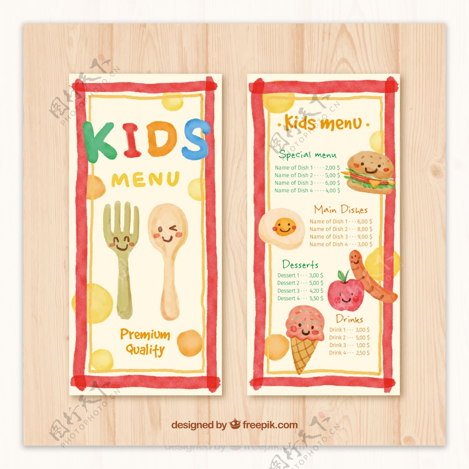 可爱餐具和食物儿童菜单设计