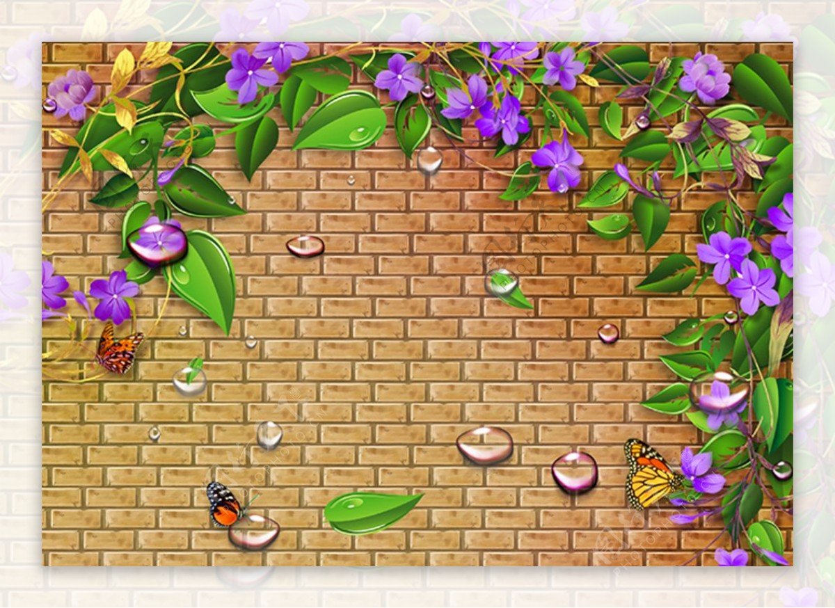 紫色花朵花藤砖墙背景墙
