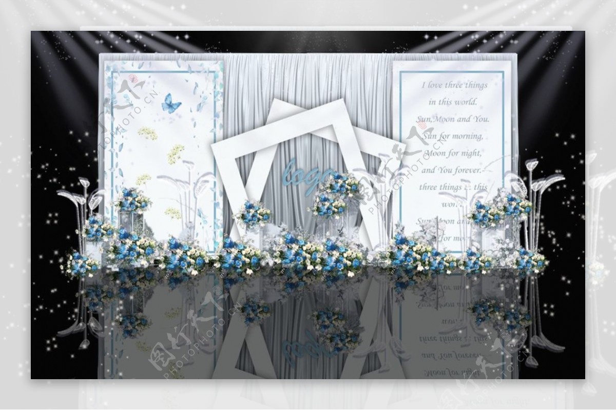 蓝白色系婚礼迎宾区效果图
