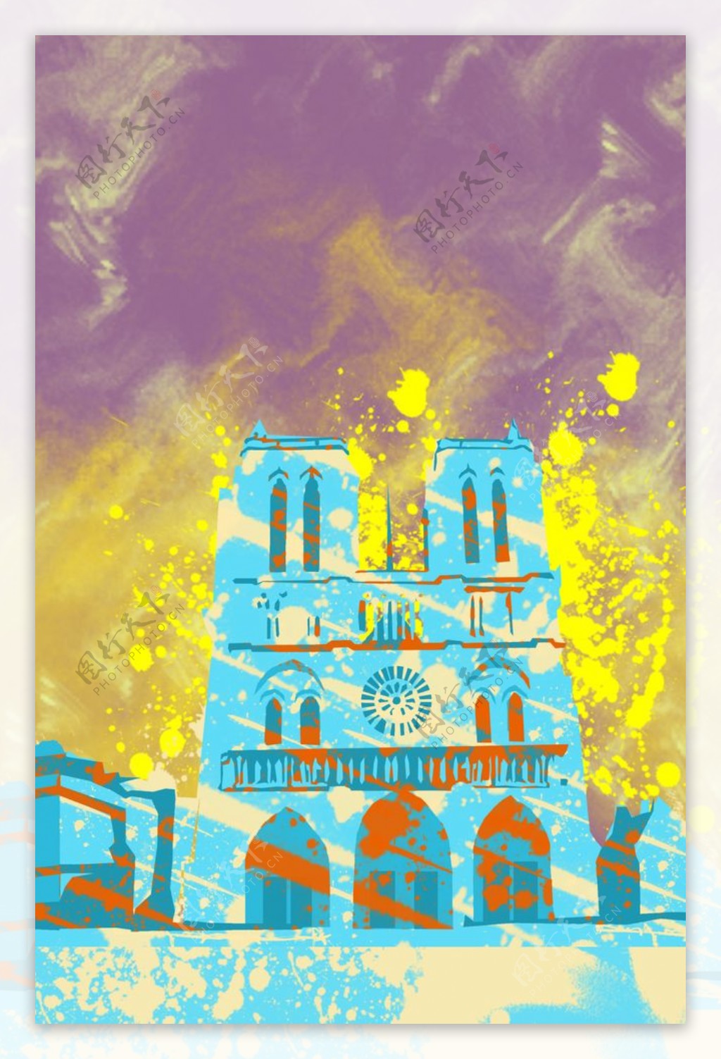 巴黎圣母院油画风世界地标建筑