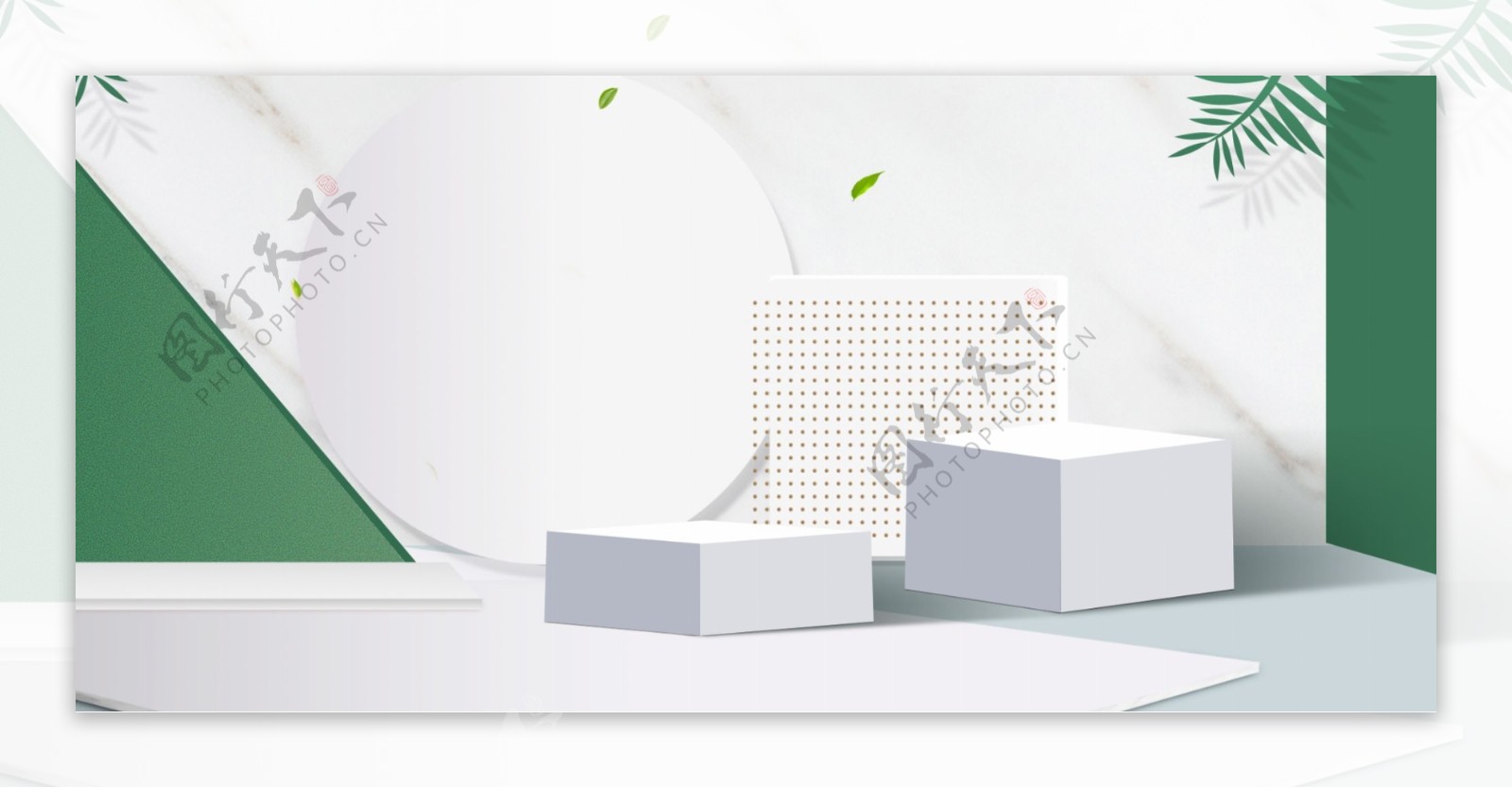 白绿色方块立体展台背景设计