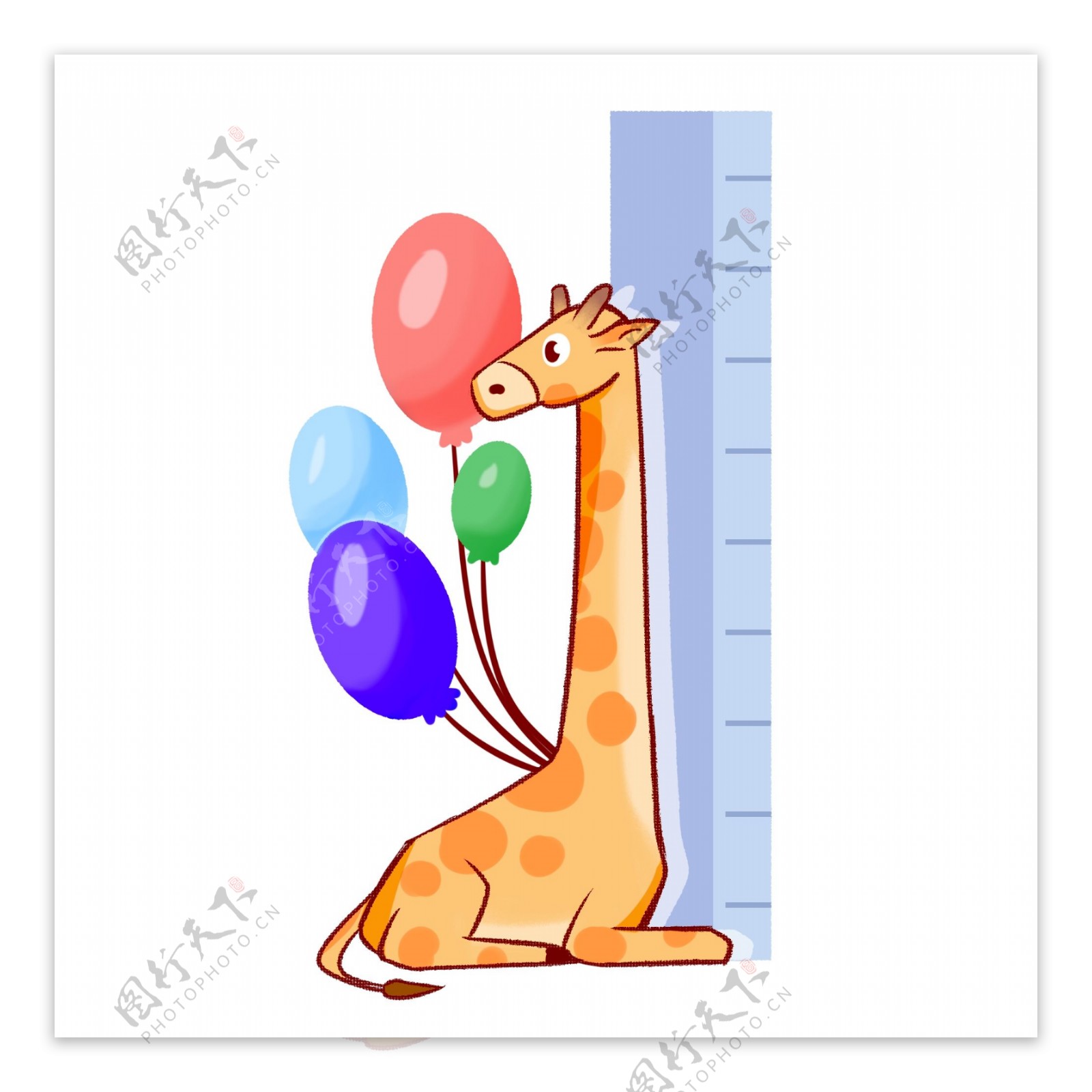 手绘卡通长颈鹿气球与尺子