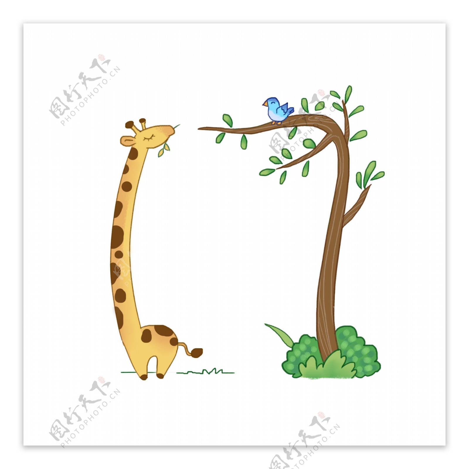 手绘卡通可爱动物长颈鹿吃树叶小鸟边框元素