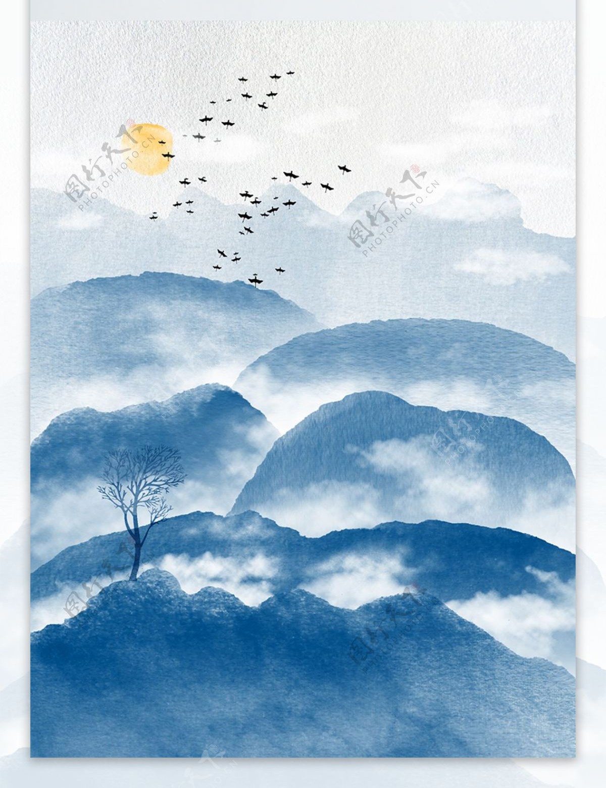 蓝色云雾山水意境群山新中式装饰画