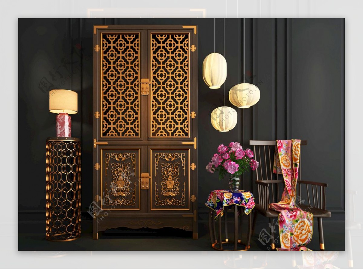中式柜子实木椅子花卉
