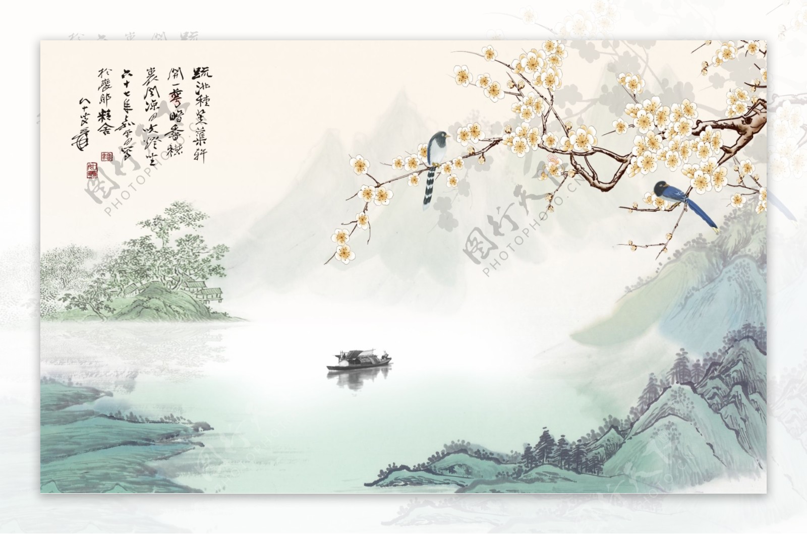 中式唯美风景花卉背景墙