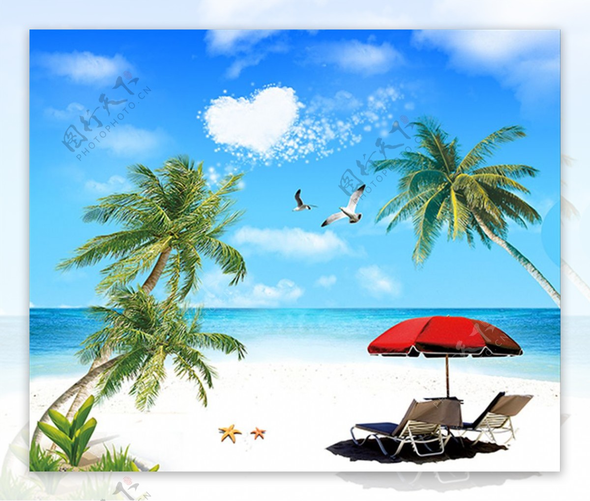 海滩椰树红伞背景墙