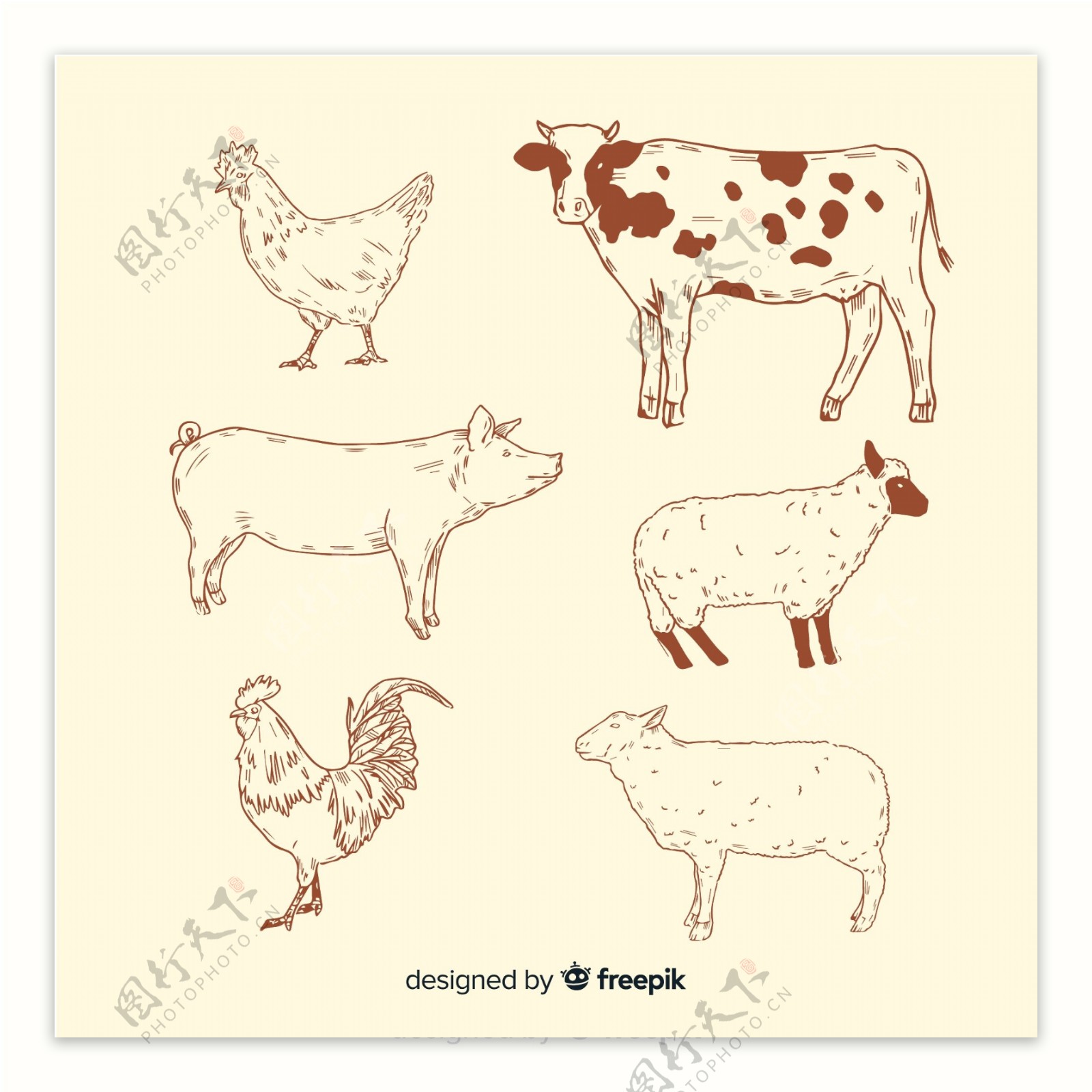 6款手绘农场动物AI矢量素材