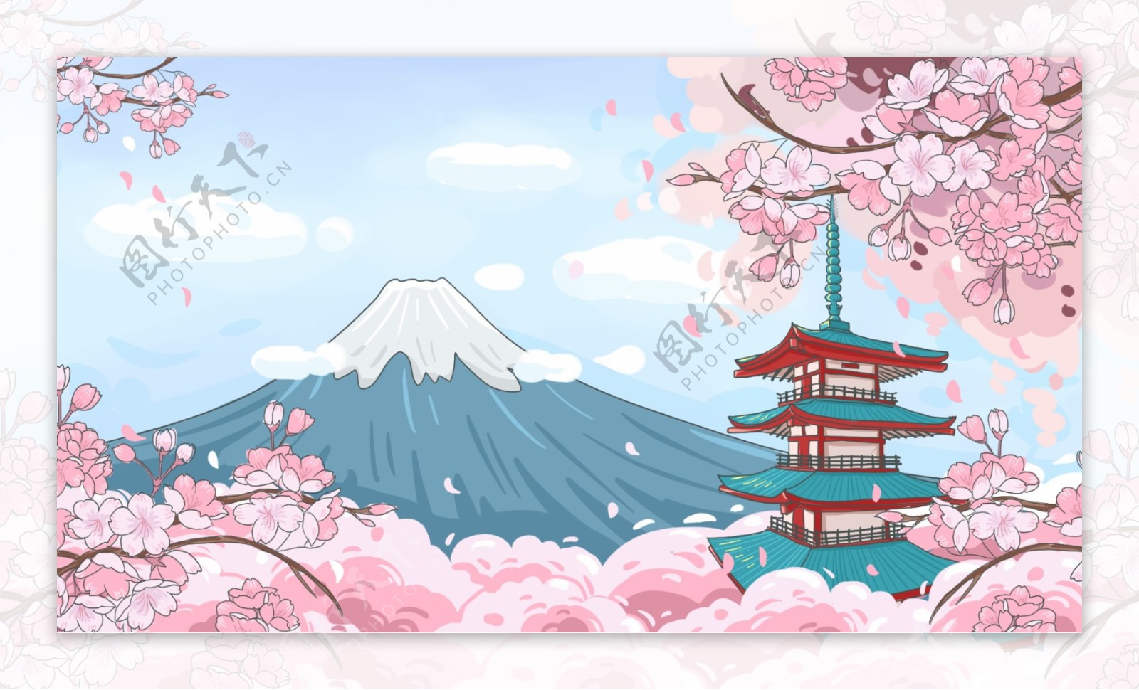 日本富士山地标城市插画卡通背景