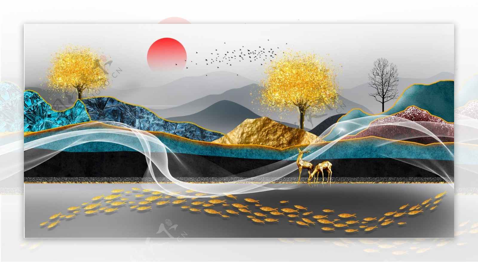 新中式线条飘带金色山水装饰画