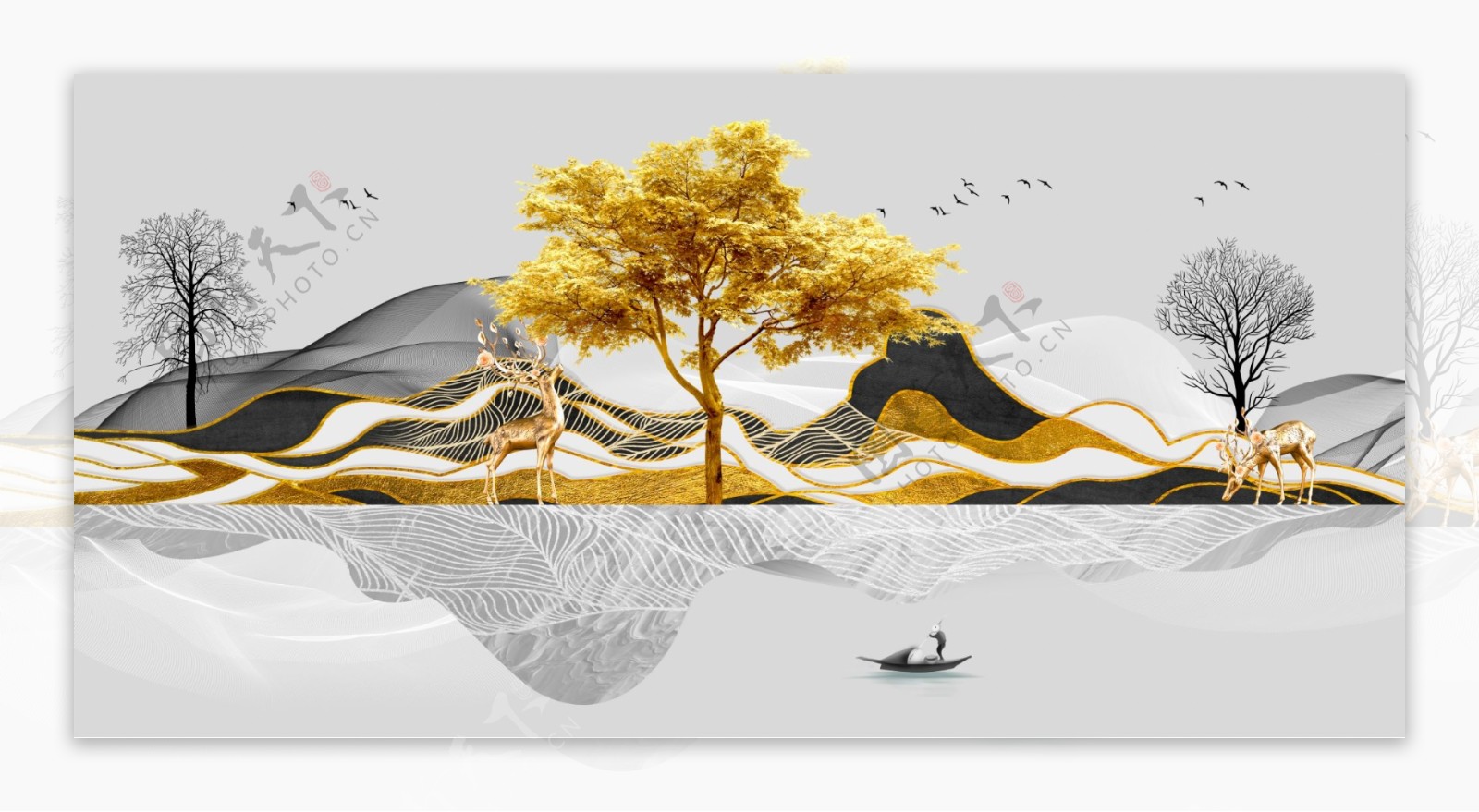 新中式鎏金金色山水麋鹿装饰画