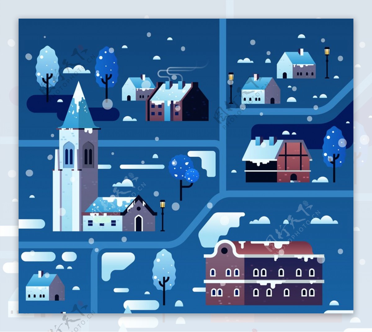 冬季雪夜小城
