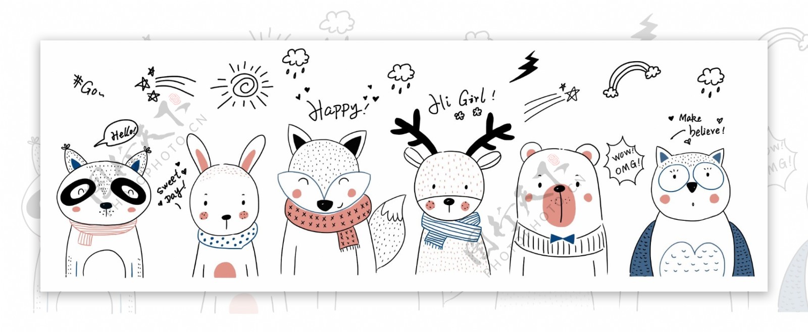 动物插画卡通墙贴可爱背景素材