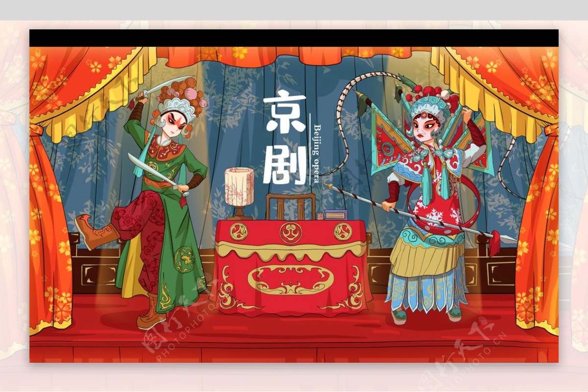 京剧国风传统插画卡通背景素材