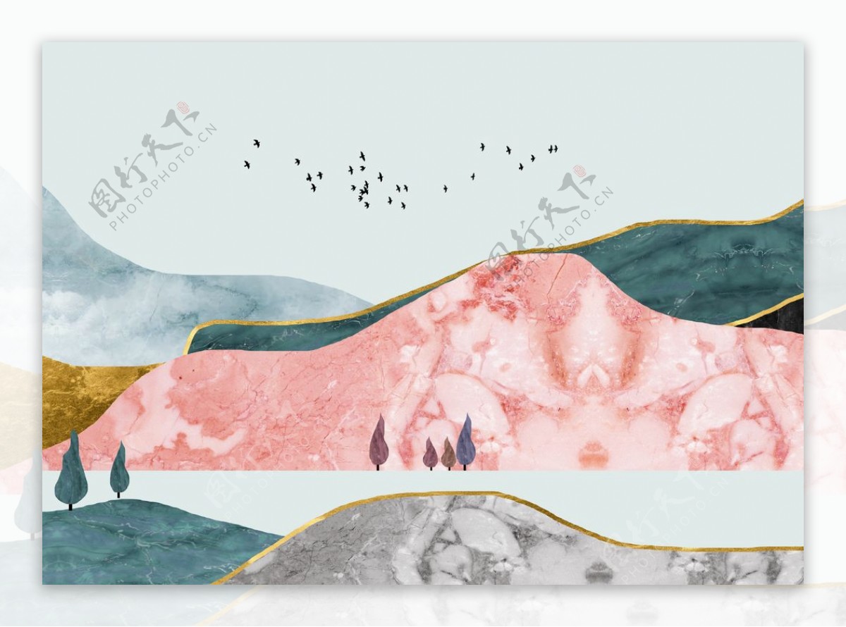 新中式莫兰迪色彩山水装饰画