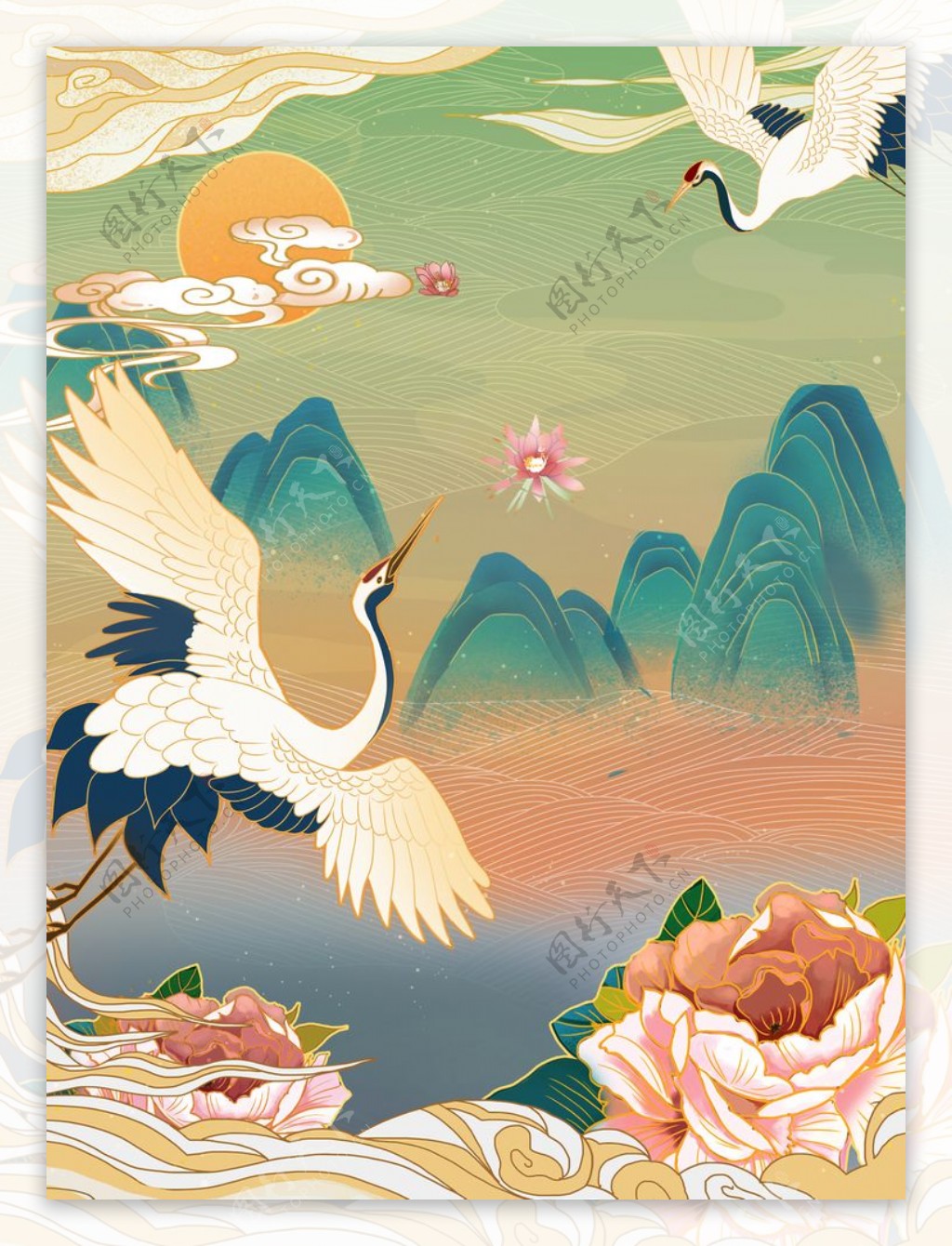 中国风手绘山水仙鹤图片