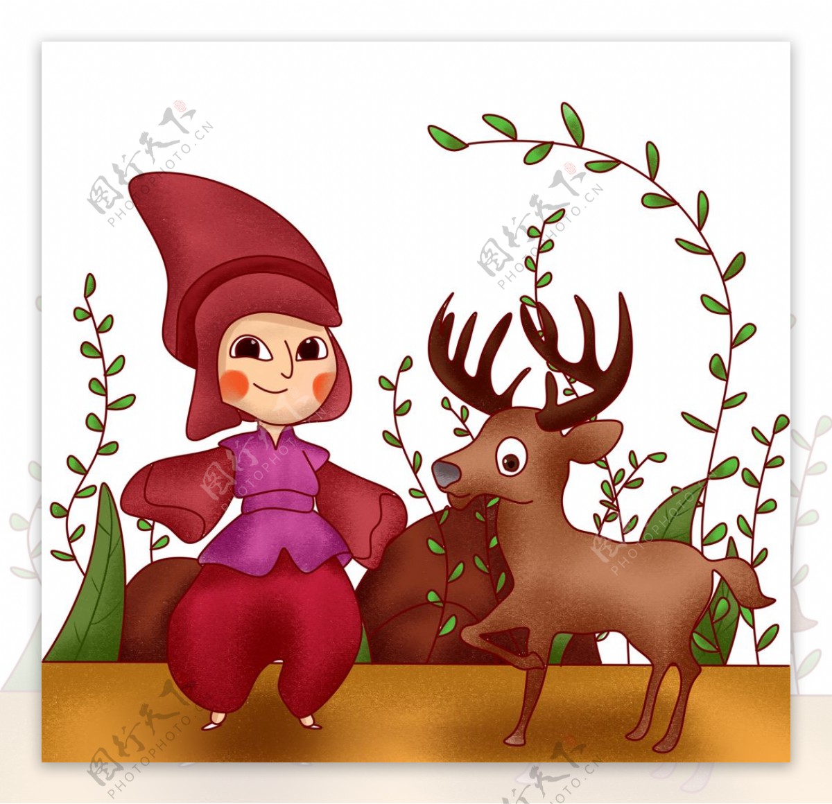 鹿和女孩卡通鹿图片
