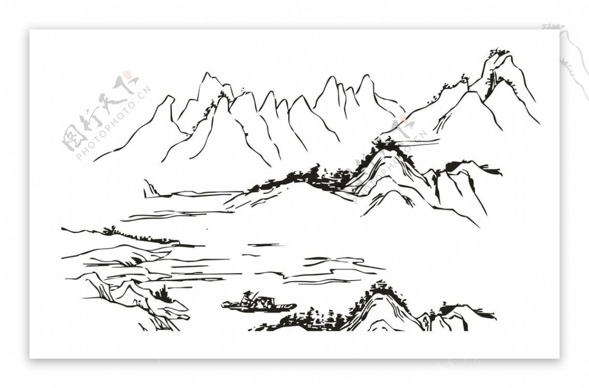中国山水简笔画矢量图图片