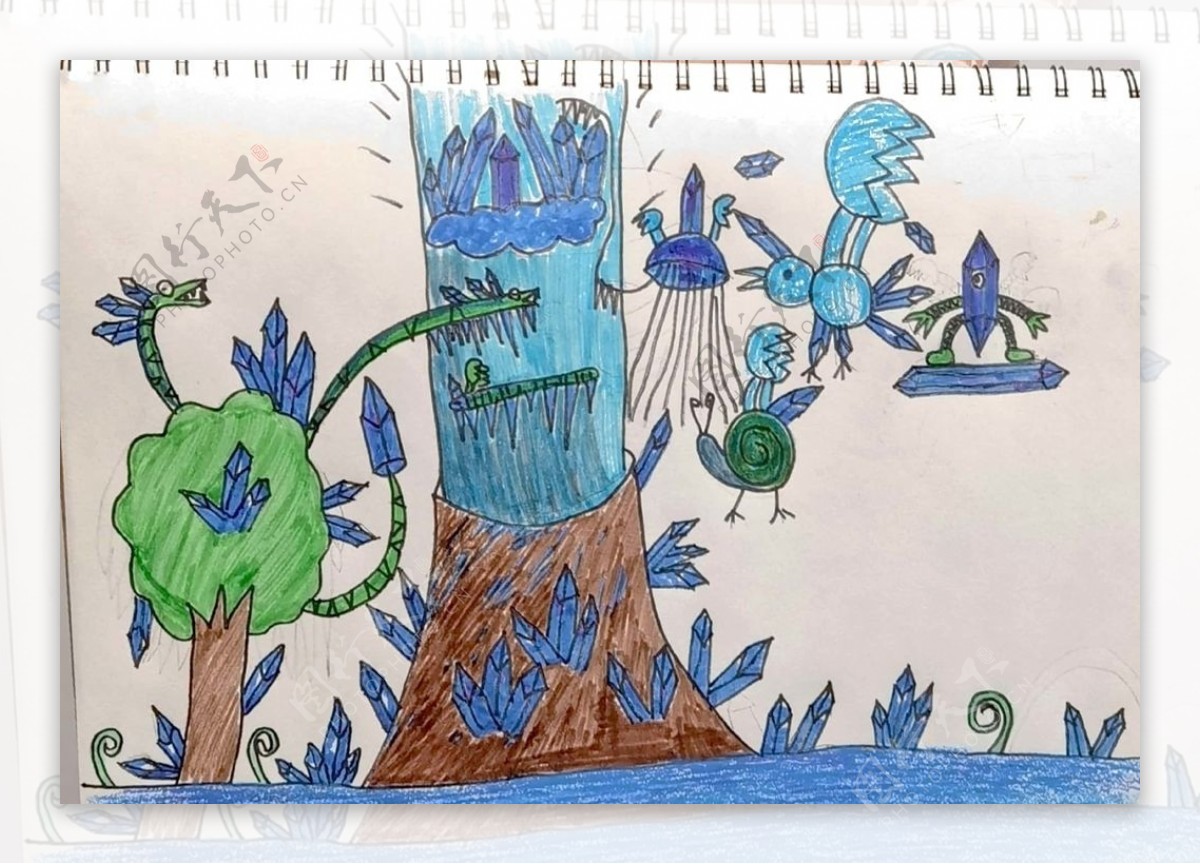 儿童画简笔画蓝色画钻石世界树图片
