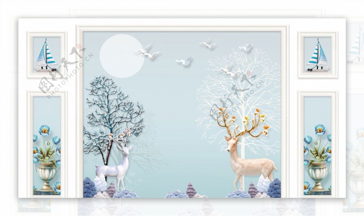 浮雕花梅花鹿框框树背景图片