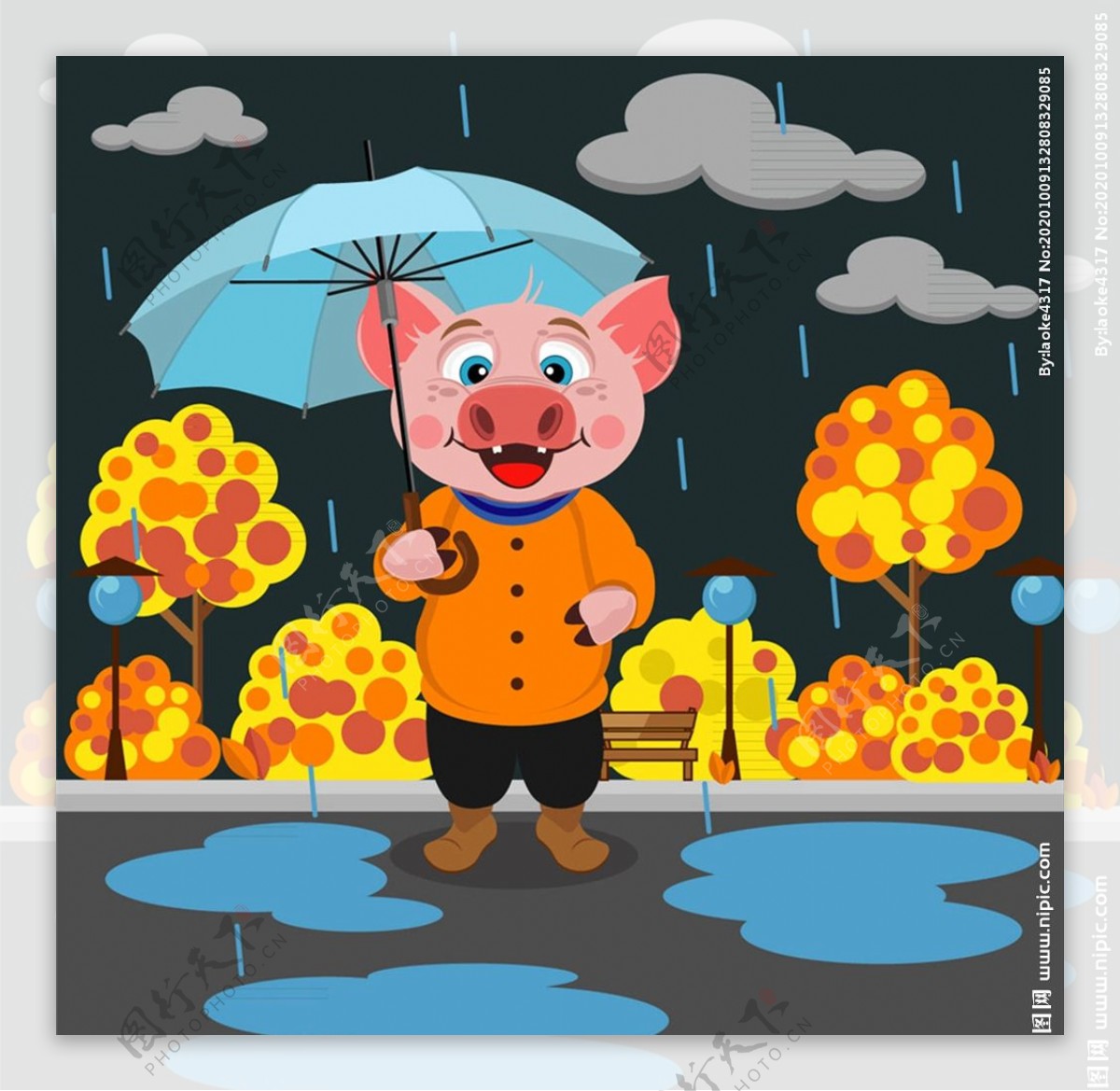 雨中撑伞的猪图片