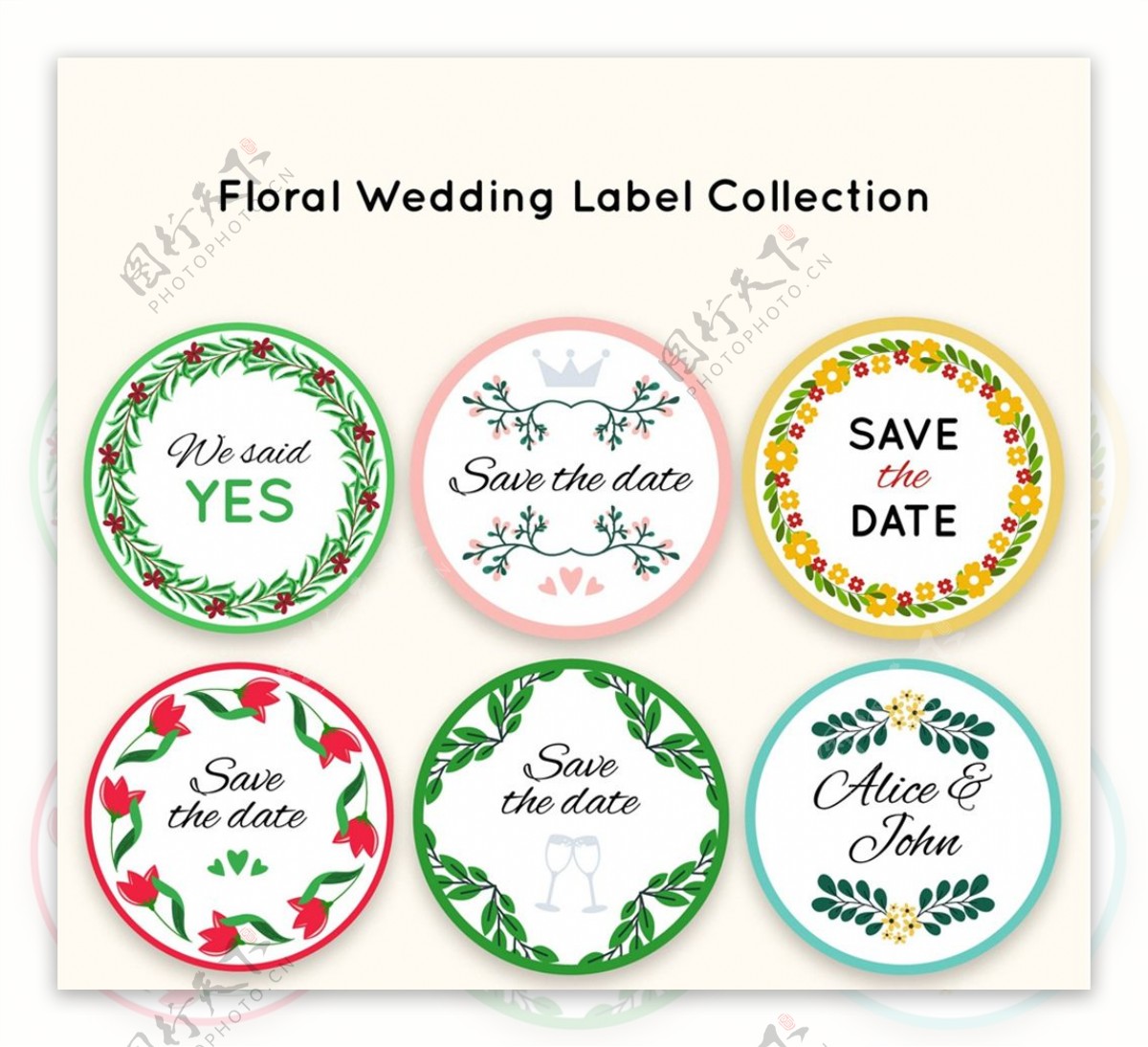 圆形婚礼花卉标签图片