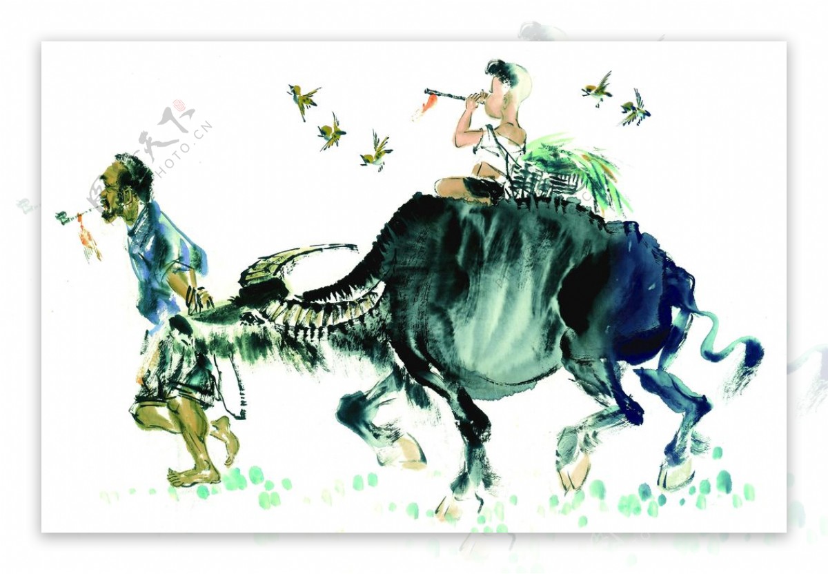 牧童骑牛水墨画高清图片