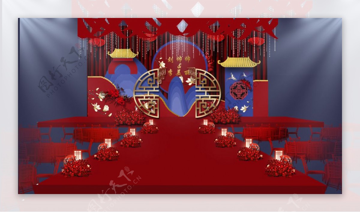 中式红蓝撞色婚礼主题设计图片