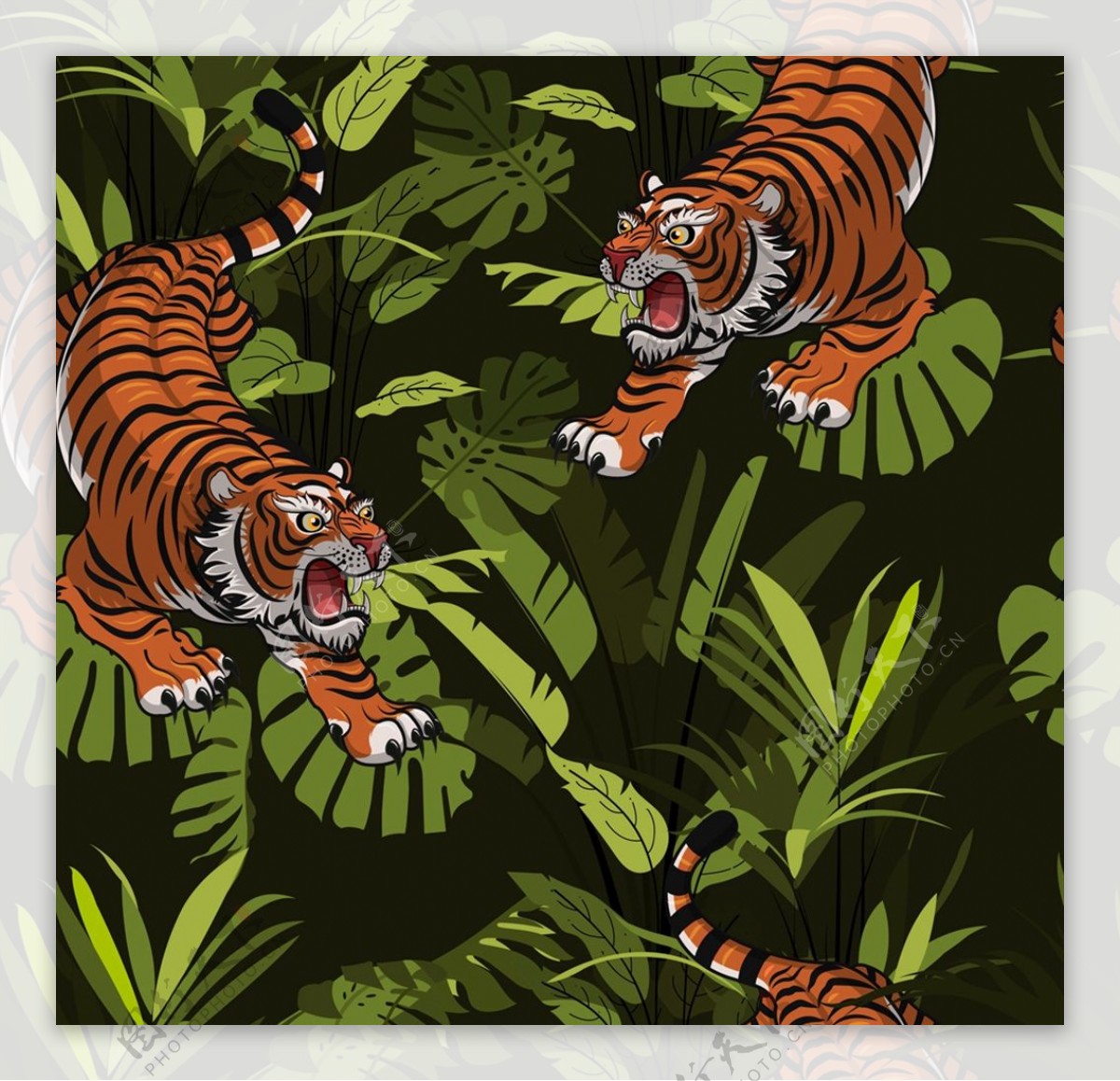 老虎和树叶背景图片