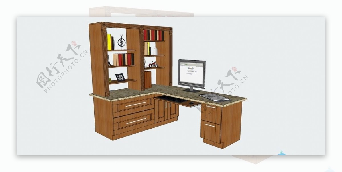 SU办公室模型老板桌书柜图片