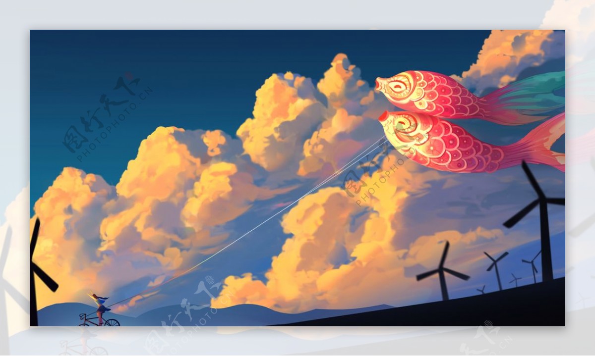 天空锦鲤旗日系插画背景海报素材图片