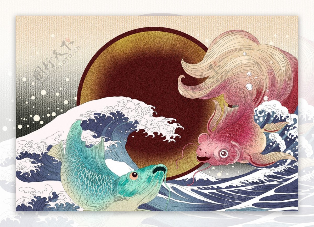 金鱼日式浮世绘复古背景海报素材图片