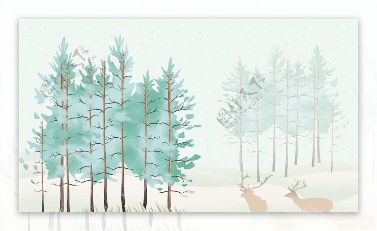 水墨画树林鹿背景墙图片