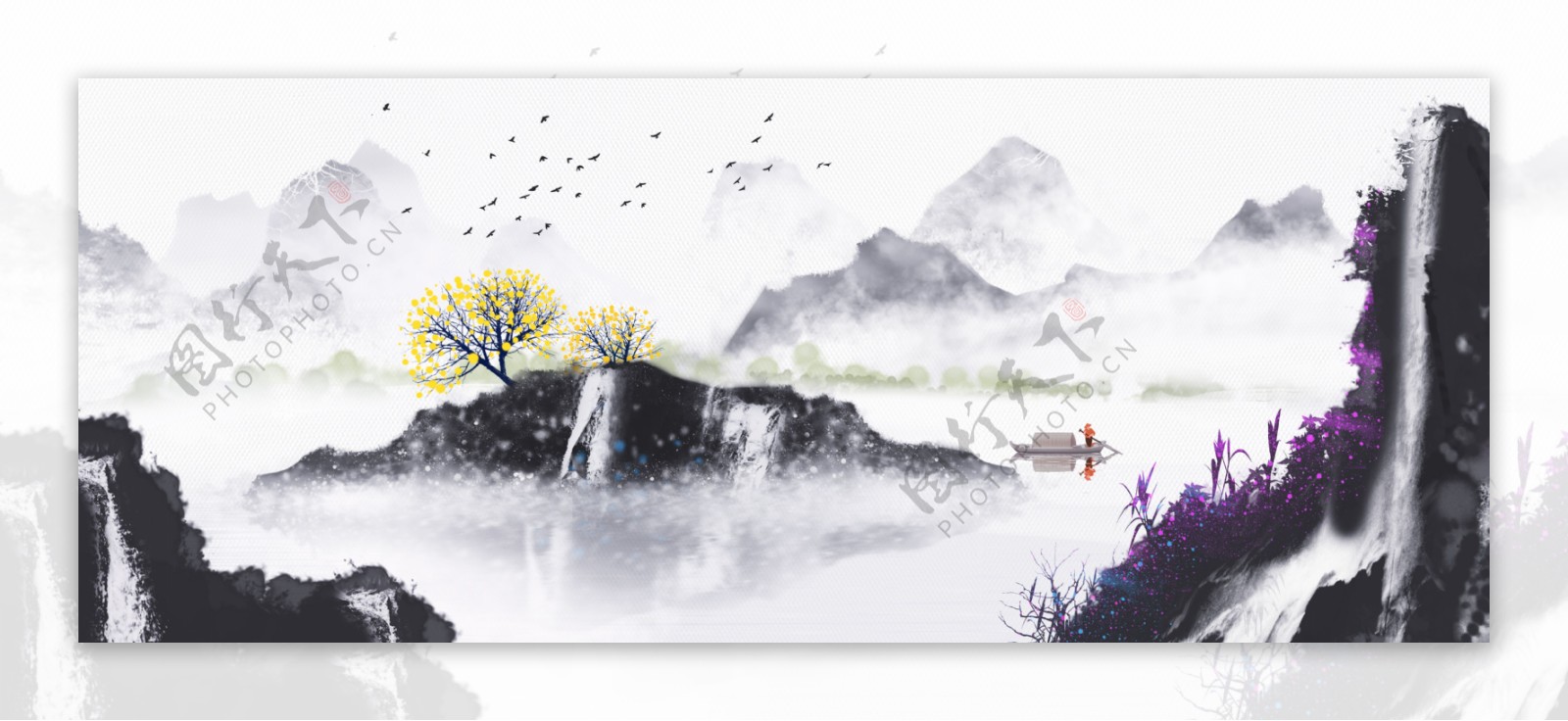 山水水墨传统复古背景海报素材图片