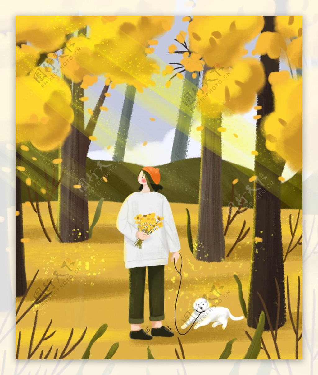 树林里女孩和小狗插画图片