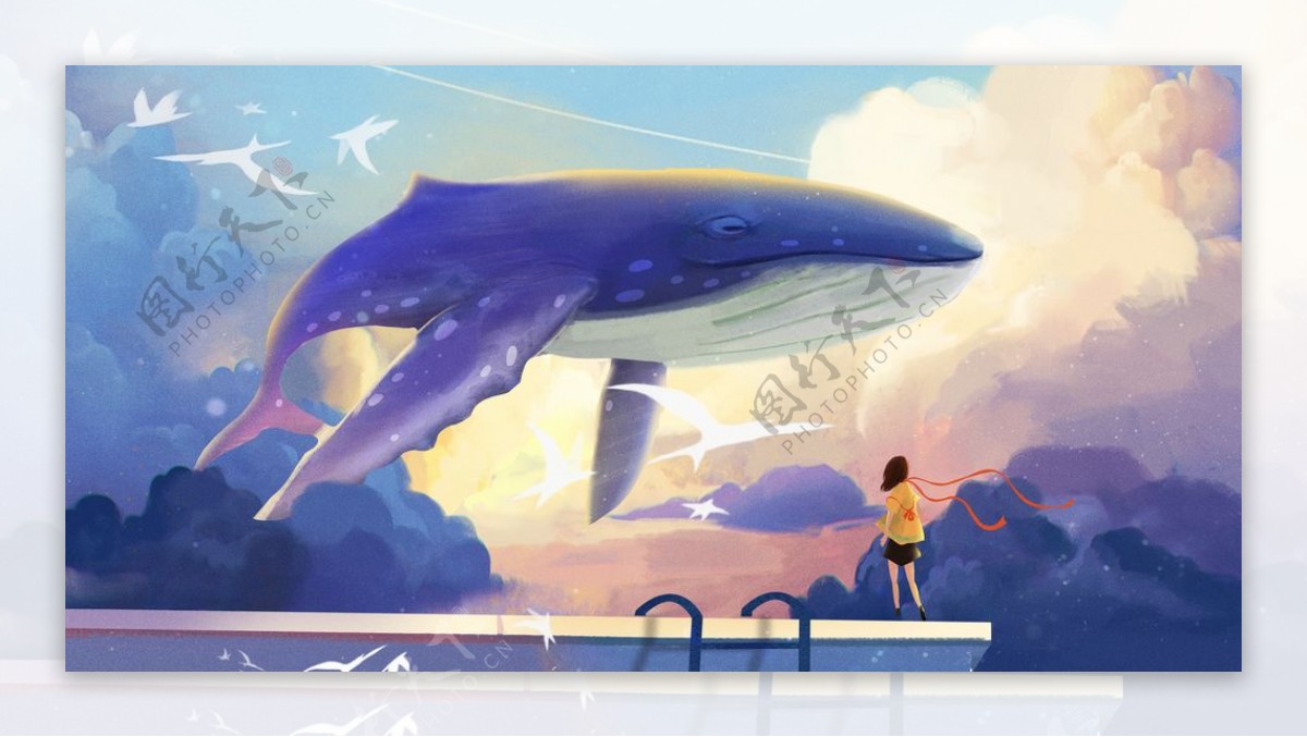 唯美清新鲸鱼插画图片