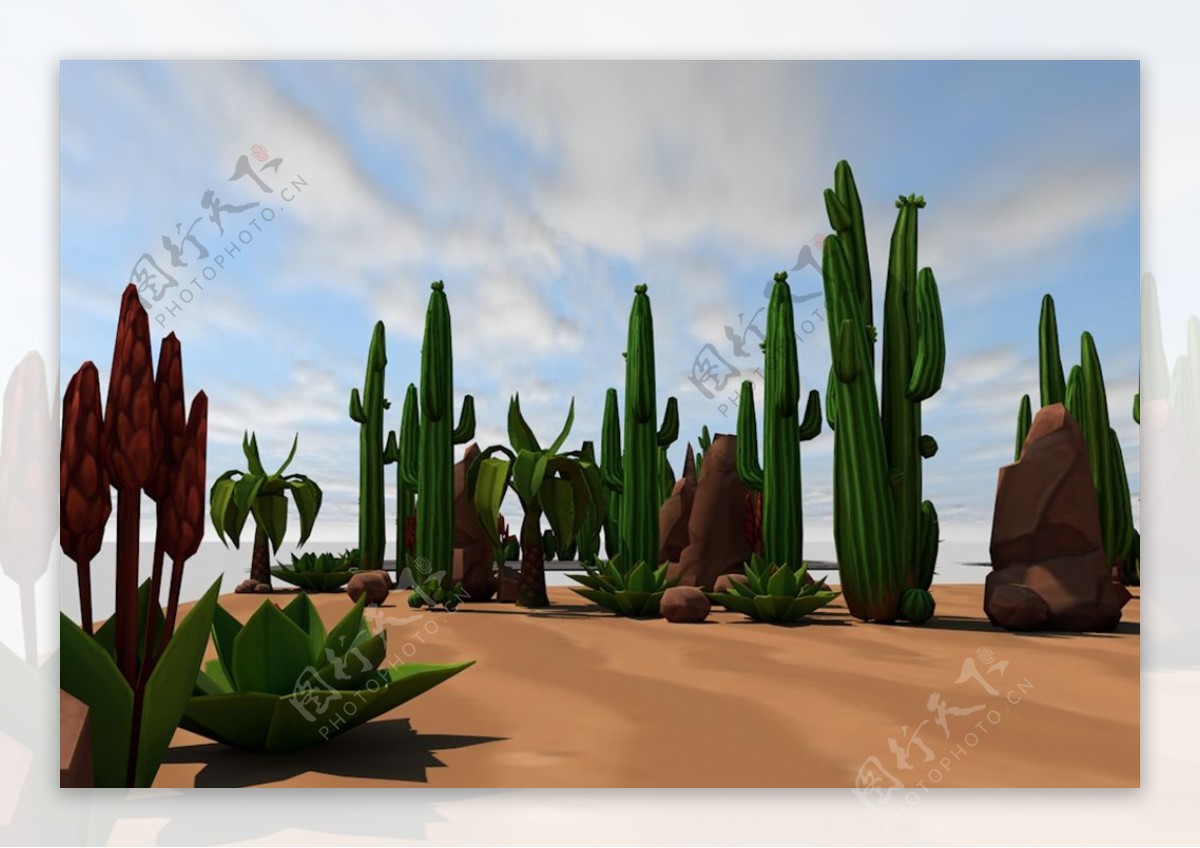C4D模型仙人掌石块沙漠图片
