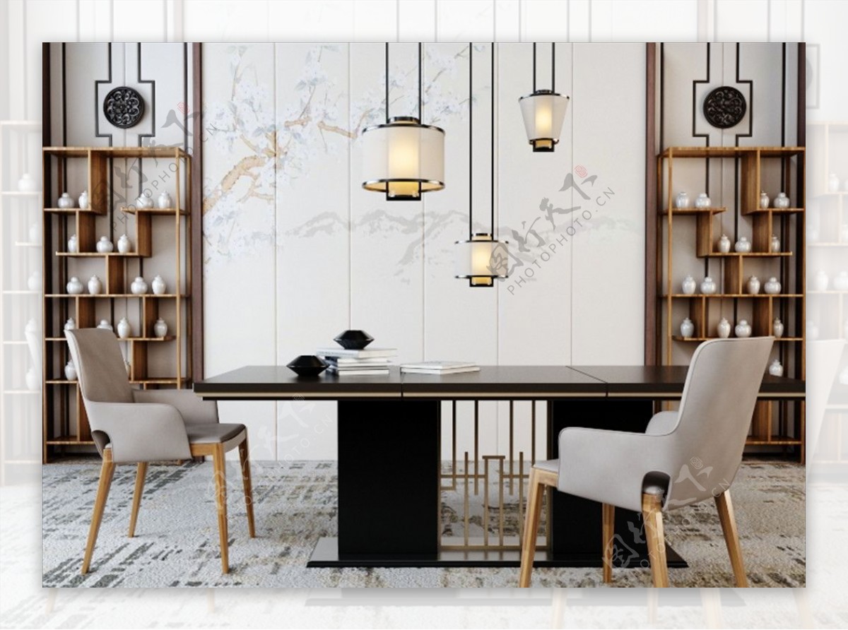 新中式餐桌椅组合博古架3d模型图片