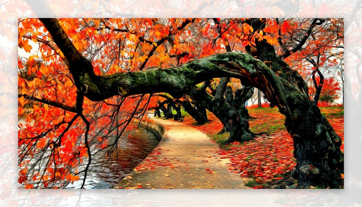 秋天红叶风景油画图片