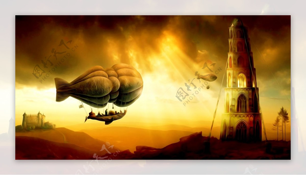 热气球飞船油画图片