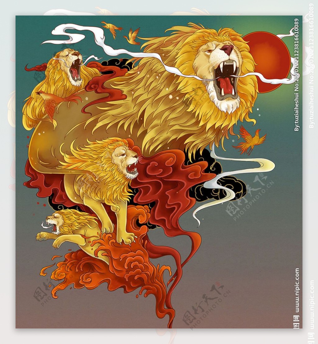 雄狮复古插画卡通背景素材图片